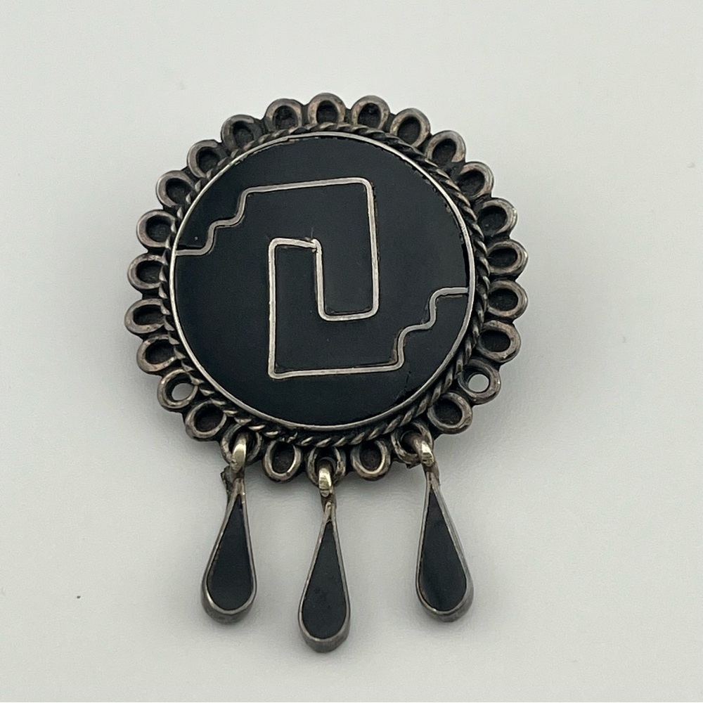 Taxco Silver 925 Black Onyx Mosaic Circle Pin Pendant Neckless Dangling 1.5"